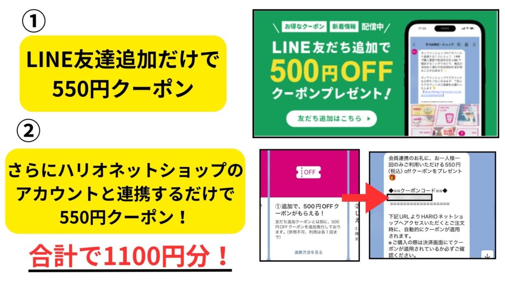 ①LINE追加と連携するだけで合計￥1,100クーポンゲット