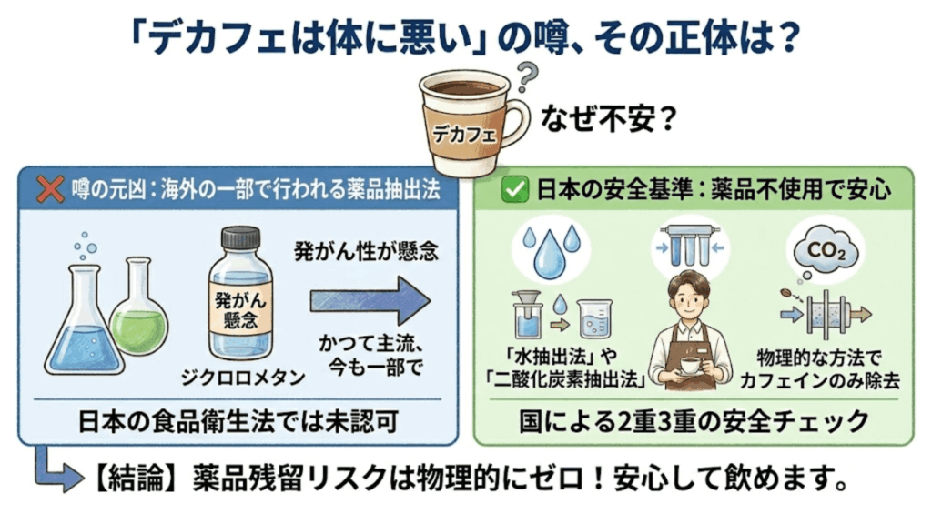 デカフェの安全性と抽出法の違いを比較した図解。海外の薬品抽出と日本の安全な製法(水・二酸化炭素抽出)の対比。