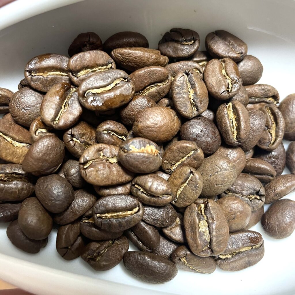 焙煎されたブルーボトル「ジャイアント・ステップス」のコーヒー豆。深煎り特有のツヤと油分がある様子