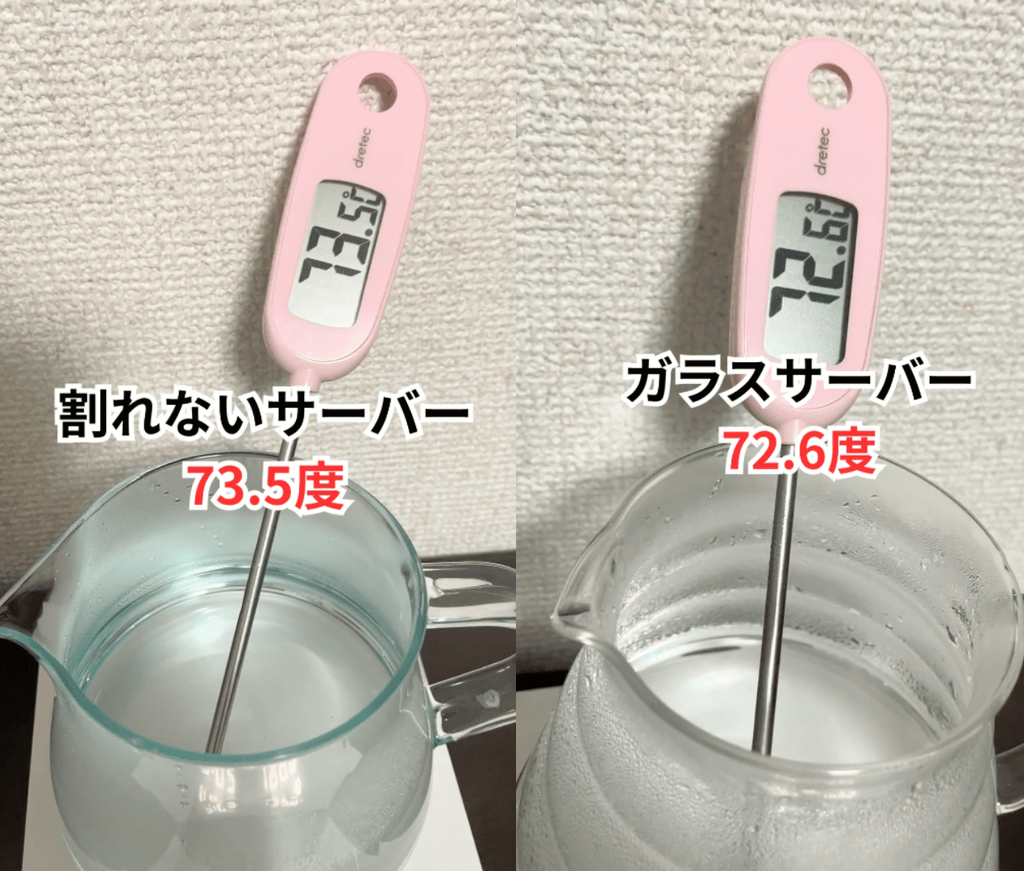 割れないサーバーとガラスサーバーでの保温力を検証している様子